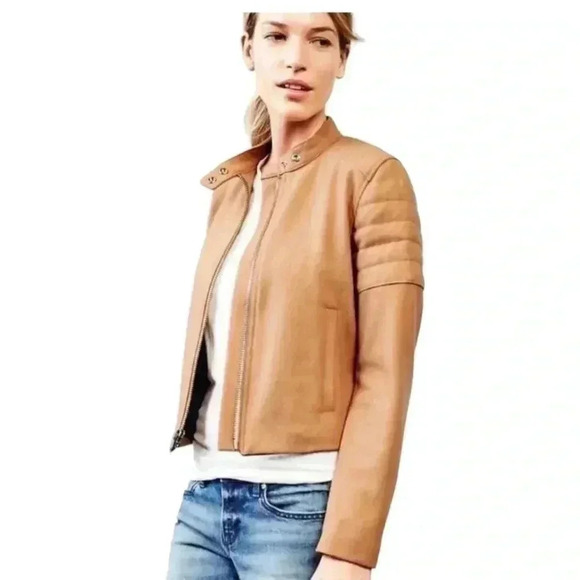 GAP Womens Vintage Moto Biker Wool Blend Tan Quilted Cropped Jacket Coat Small - Picture 9 of 15